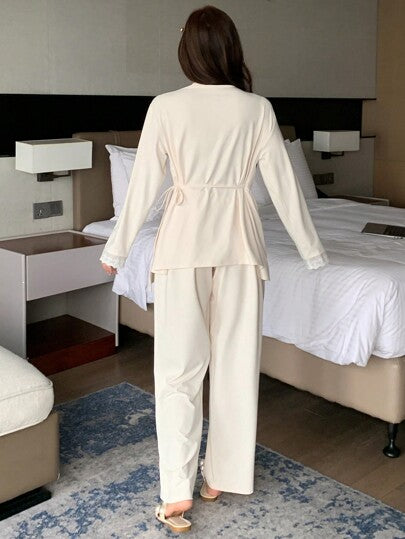 DAZY طقم بيجامات نسائي بلون صلب، طية رقبة بسيطة بلاكيه ومرقع