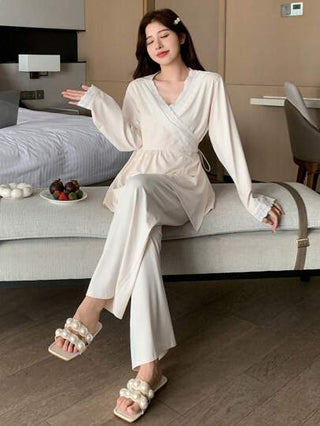 DAZY طقم بيجامات نسائي بلون صلب، طية رقبة بسيطة بلاكيه ومرقع