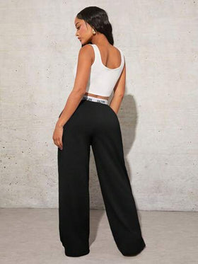 SHEIN SXY بنطلون رياضي واسع الساق أسود بطباعة حرف بسيطة للنساء