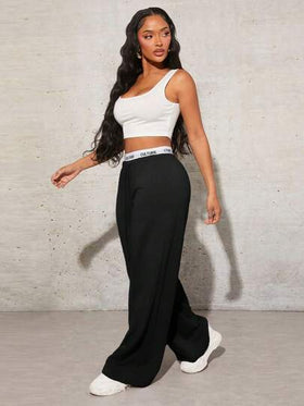 SHEIN SXY بنطلون رياضي واسع الساق أسود بطباعة حرف بسيطة للنساء