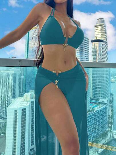 Swim SXY طقم بيكيني ذو فتحة على جانبي البطن 3 قطع/طقم، ملابس علوية بيكيني بياقة حول الرقبة ، وقطعة سفلية لشاطئ العطلات الصيفية