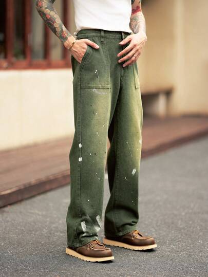 Manfinity Homme بنطلون رجالي بقصة مستقيمة وطبعة الحبر المتطاير