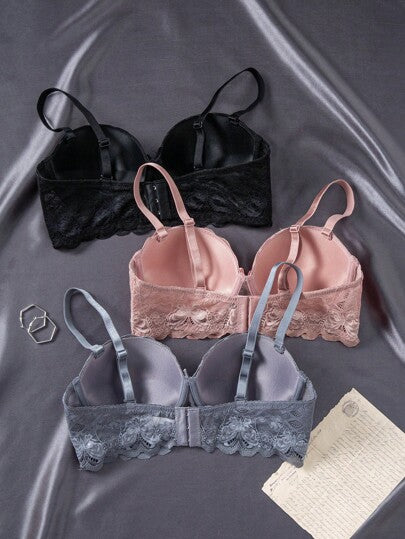 Shein Underwear&Sleepwear Basics 3 قطعة/طقم من البرّاطات اللاسلكية الراحة والألوان موحد اللون والدانتيل للحالة اليومية للصدر الصغير
