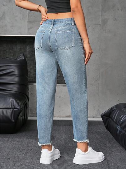 SHEIN Essnce سراويل جينز نسائية بخمس جيوب وأذيال خام بنمط بسيط، ملابس كاجوال