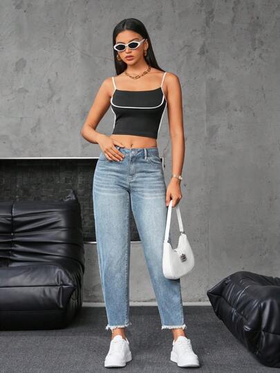 SHEIN Essnce سراويل جينز نسائية بخمس جيوب وأذيال خام بنمط بسيط، ملابس كاجوال