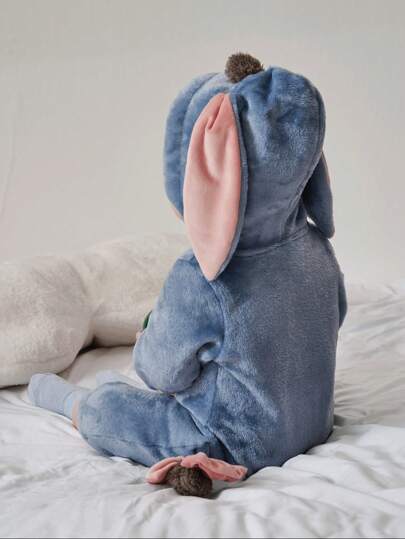 SHEIN Playful Pals رومبير رومبر مبطنة برسوم كرتونية بقلنسوة للبنات الصغيرات ، تصميم جميل للحمار الصغير ، طقم بقطعة واحدة بأكمام طويلة