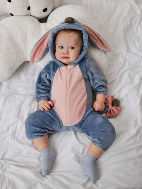 SHEIN Playful Pals رومبير رومبر مبطنة برسوم كرتونية بقلنسوة للبنات الصغيرات ، تصميم جميل للحمار الصغير ، طقم بقطعة واحدة بأكمام طويلة