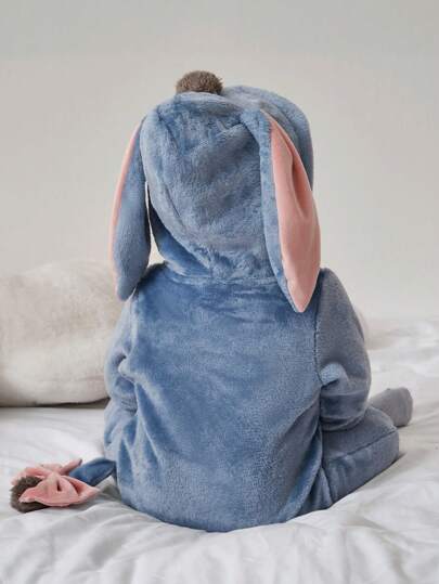 SHEIN Playful Pals رومبير رومبر مبطنة برسوم كرتونية بقلنسوة للبنات الصغيرات ، تصميم جميل للحمار الصغير ، طقم بقطعة واحدة بأكمام طويلة