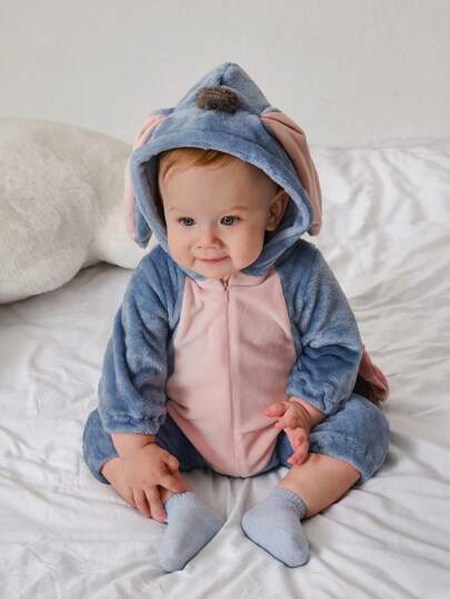 SHEIN Playful Pals رومبير رومبر مبطنة برسوم كرتونية بقلنسوة للبنات الصغيرات ، تصميم جميل للحمار الصغير ، طقم بقطعة واحدة بأكمام طويلة
