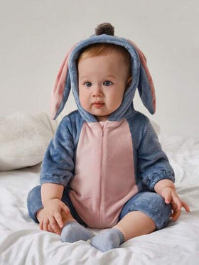 SHEIN Playful Pals رومبير رومبر مبطنة برسوم كرتونية بقلنسوة للبنات الصغيرات ، تصميم جميل للحمار الصغير ، طقم بقطعة واحدة بأكمام طويلة
