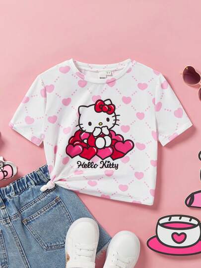 تيشيرتات بناتي HELLO KITTY AND FRIENDS |  تي شيرت قصير الأكمام وردي القلب الرائع الملطف للفتاة المراهقة، صيفي