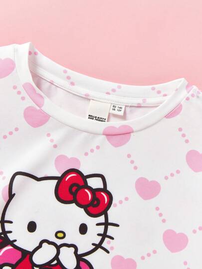 تيشيرتات بناتي HELLO KITTY AND FRIENDS |  تي شيرت قصير الأكمام وردي القلب الرائع الملطف للفتاة المراهقة، صيفي