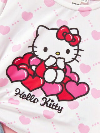 تيشيرتات بناتي HELLO KITTY AND FRIENDS |  تي شيرت قصير الأكمام وردي القلب الرائع الملطف للفتاة المراهقة، صيفي