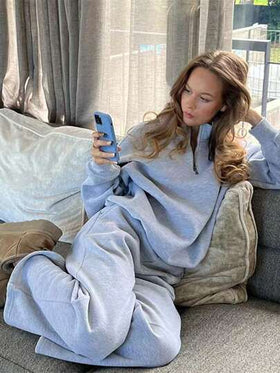 INAWLY Solva 2 حبة/طقم للمرأة بلون ساده سترة رياضية فضفاضة بسحاب نصفي بأكتاف مخفضة وبنطال رياضي متناسق للربيع / الخريف, بلوزة طويلة الأكمام وبنطال رياضي رمادي كاجوال للاستخدام اليومي
