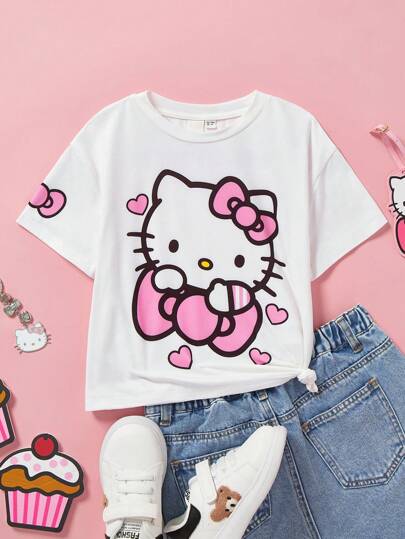 تيشيرتات بناتي HELLO KITTY AND FRIENDS |  تي شيرت T أبيض بطبعة فراشة كاجوال للفتاة الصغيرة, صيف