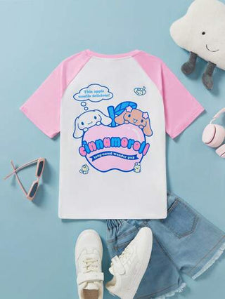 ملابس بناتي HELLO KITTY AND FRIENDS |  تي شيرت قصير الأكمام كيوت وحلو مع كتلة لونية وأكمام طويلة، مزخرف برسم كرتوني لكلب القرفة، مناسب للبنات المراهقات