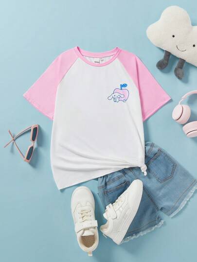 ملابس بناتي HELLO KITTY AND FRIENDS |  تي شيرت قصير الأكمام كيوت وحلو مع كتلة لونية وأكمام طويلة، مزخرف برسم كرتوني لكلب القرفة، مناسب للبنات المراهقات