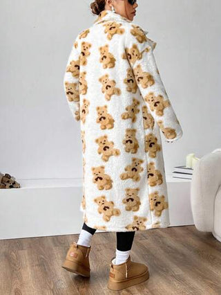 EZwear معطف كارديجان ذو جيب وياقة فرائية مطبوع بالكامل، أكمام طويلة