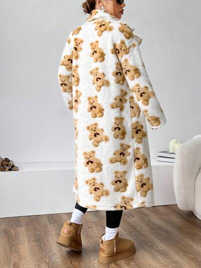 EZwear معطف كارديجان ذو جيب وياقة فرائية مطبوع بالكامل، أكمام طويلة