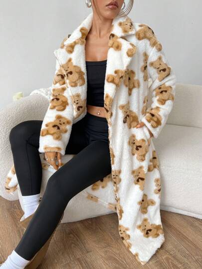 EZwear معطف كارديجان ذو جيب وياقة فرائية مطبوع بالكامل، أكمام طويلة