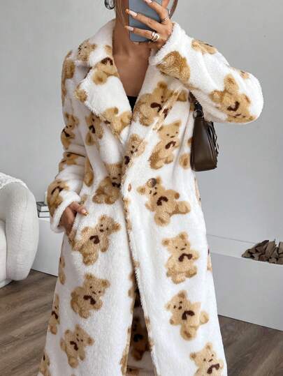 EZwear معطف كارديجان ذو جيب وياقة فرائية مطبوع بالكامل، أكمام طويلة
