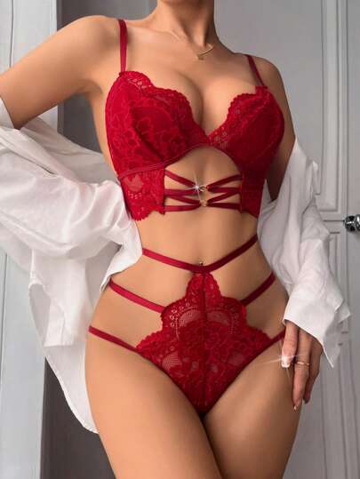 Classic Sexy مجموعة من قطعتين من حمالة صدر لاسلكية بتصميم مثير من الدانتيل للنساء (حمالة صدر لاسلكية + سراويل تانج)
