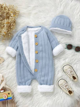 SHEIN Vintaside Kids رومبير رضيع ولد ذات أكمام طويلة مرتبة بالإبرة بأزرار منفردة مع قبعة جذابة قطعة واحدة