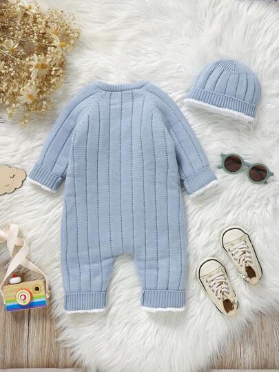 SHEIN Vintaside Kids رومبير رضيع ولد ذات أكمام طويلة مرتبة بالإبرة بأزرار منفردة مع قبعة جذابة قطعة واحدة