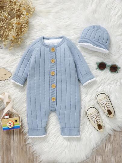 SHEIN Vintaside Kids رومبير رضيع ولد ذات أكمام طويلة مرتبة بالإبرة بأزرار منفردة مع قبعة جذابة قطعة واحدة