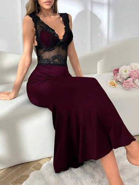 SHEIN ثوب نوم طويل ماكسي بنقشة الحورية بألوان متباينة وأشرطة واسعة للنساء