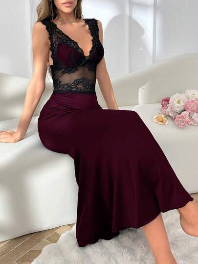 SHEIN ثوب نوم طويل ماكسي بنقشة الحورية بألوان متباينة وأشرطة واسعة للنساء
