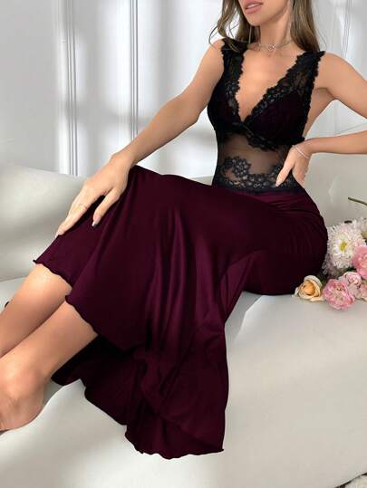 SHEIN ثوب نوم طويل ماكسي بنقشة الحورية بألوان متباينة وأشرطة واسعة للنساء