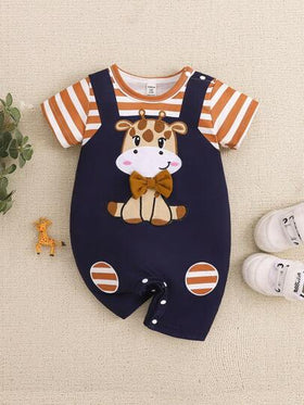 SHEIN Playful Pals جمبسوت قفز مخطط لطفل صبي منسوج بشكل ديناصور لطيف للربيع والصيف