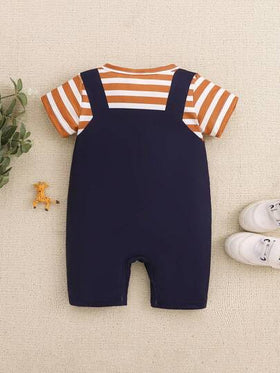 SHEIN Playful Pals جمبسوت قفز مخطط لطفل صبي منسوج بشكل ديناصور لطيف للربيع والصيف