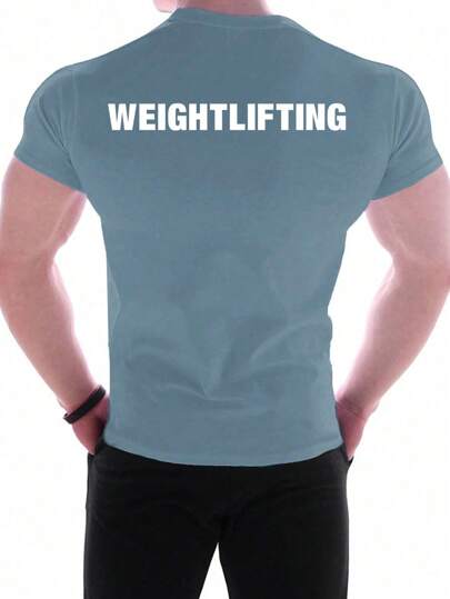 Manfinity Fitness تي شيرت رياضي وخارجي بأكمام قصيرة وطباعة حرفية بياقة دائرية، بطراز الصديق