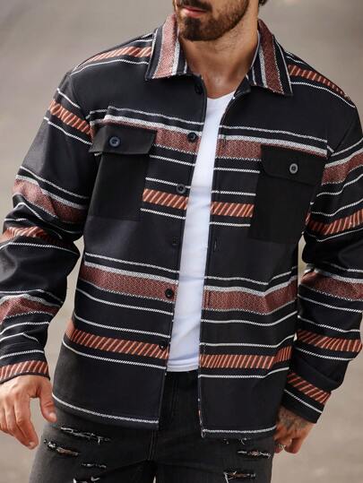 Manfinity Homme جاكيت كاجوال بأكمام طويلة وجيب وخطوط منسلخة بأزرار أمامية للرجال
