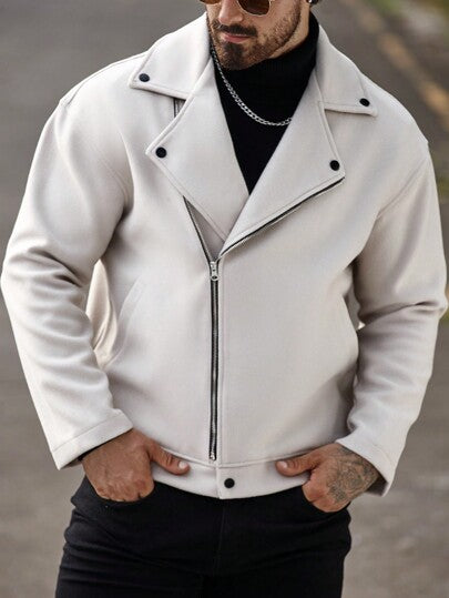 Manfinity Homme جاكيت دراجة نارية للرجال ذات لون أبيض أحادي اللون، سحاب أمامي، أكمام طويلة، مناسبة للربيع والخريف، جاكيت شتوية، جاكيت كاجوال للخروج، هدية للأصدقاء والزوج والحبيب، بطراز الأموال القديمة