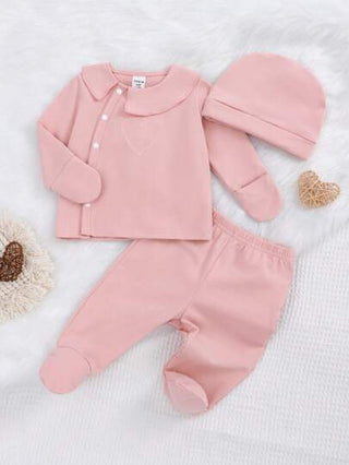 SHEIN طقم ملابس منزلية لطفلة 3 قطع شامل ملابس علوية وردية بأكمام طويلة، وبنطلون، وقبعة