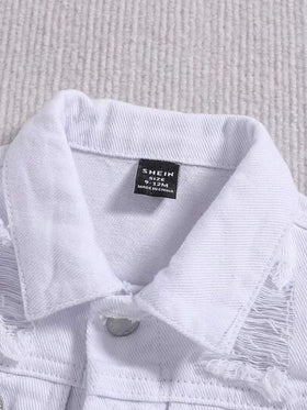 SHEIN طقم من قطعتين للأولاد الرضع: جاكيت جينز طويلة الأكمام بيضاء قصيرة مخدشة وممزقة، وبنطال جينز مرن للغاية، للملابس والخروج في فصل الخريف للأولاد الرضع