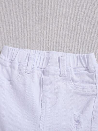 SHEIN طقم من قطعتين للأولاد الرضع: جاكيت جينز طويلة الأكمام بيضاء قصيرة مخدشة وممزقة، وبنطال جينز مرن للغاية، للملابس والخروج في فصل الخريف للأولاد الرضع