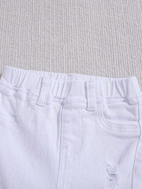 SHEIN طقم من قطعتين للأولاد الرضع: جاكيت جينز طويلة الأكمام بيضاء قصيرة مخدشة وممزقة، وبنطال جينز مرن للغاية، للملابس والخروج في فصل الخريف للأولاد الرضع