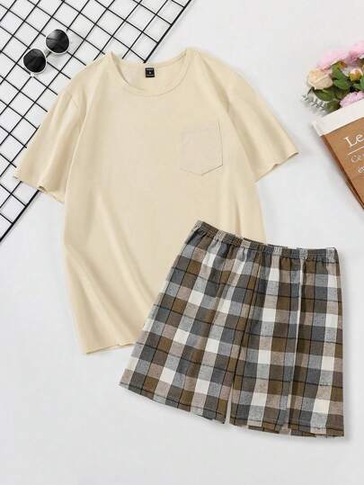 SHEIN طقم ملابس منزلية مكون من ملابس علوية بجيب بأكمام قصيرة وياقة دائرية باللون الأحادي وشورت مربع للرجال
