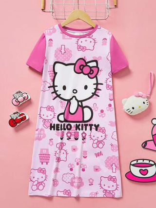 بيجاما HELLO KITTY AND FRIENDS |  بيجاما نوم قصيرة الأكمام لفتاة مراهقة أنيقة بطباعة كرتونية وردية, صيفي