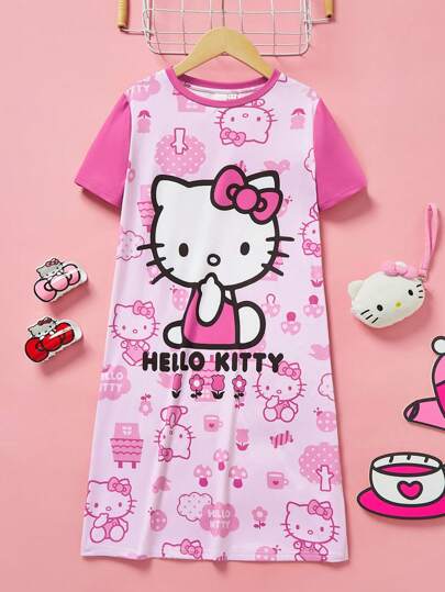 بيجاما HELLO KITTY AND FRIENDS |  بيجاما نوم قصيرة الأكمام لفتاة مراهقة أنيقة بطباعة كرتونية وردية, صيفي