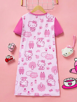 بيجاما HELLO KITTY AND FRIENDS |  بيجاما نوم قصيرة الأكمام لفتاة مراهقة أنيقة بطباعة كرتونية وردية, صيفي
