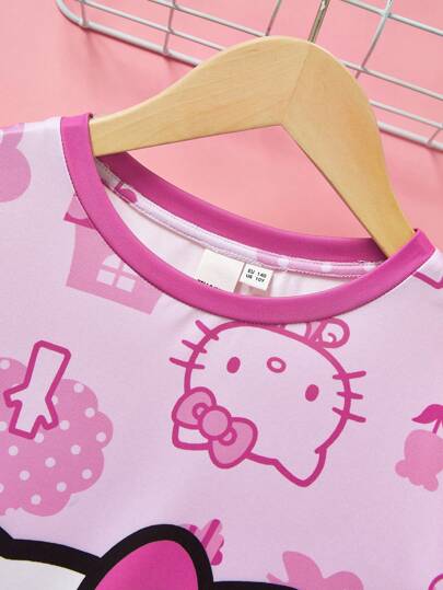 بيجاما HELLO KITTY AND FRIENDS |  بيجاما نوم قصيرة الأكمام لفتاة مراهقة أنيقة بطباعة كرتونية وردية, صيفي