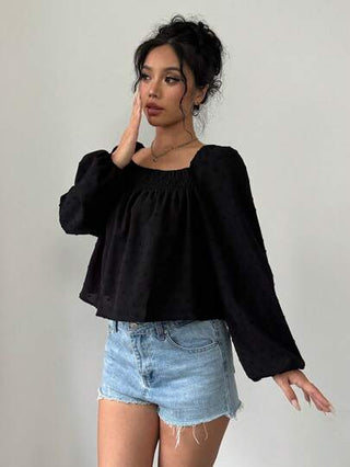 Flirla قميص كاجوال أكمام طويلة رقبة مربعة لون سادة للنساء