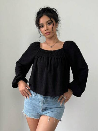 Flirla قميص كاجوال أكمام طويلة رقبة مربعة لون سادة للنساء