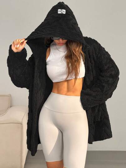 SHEIN EZwear معطف أبيض فضفاض وغير رسمي ذو كتف منخفض وجيب مرقع وأكمام طويلة مبطنة بالفراء ومقنع للشتاء