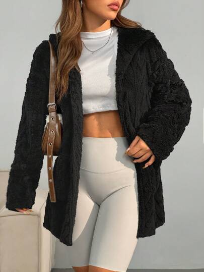 SHEIN EZwear معطف أبيض فضفاض وغير رسمي ذو كتف منخفض وجيب مرقع وأكمام طويلة مبطنة بالفراء ومقنع للشتاء